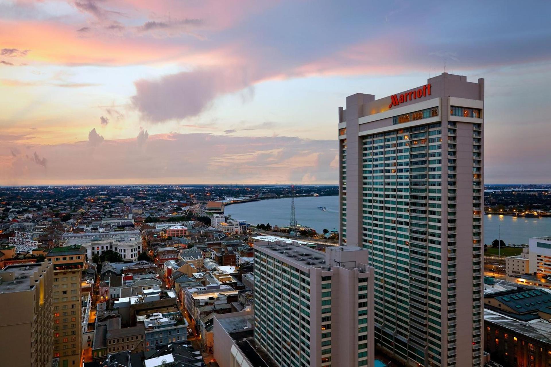 New Orleans skyline at sunset over the French Quarter and the Mississippi River